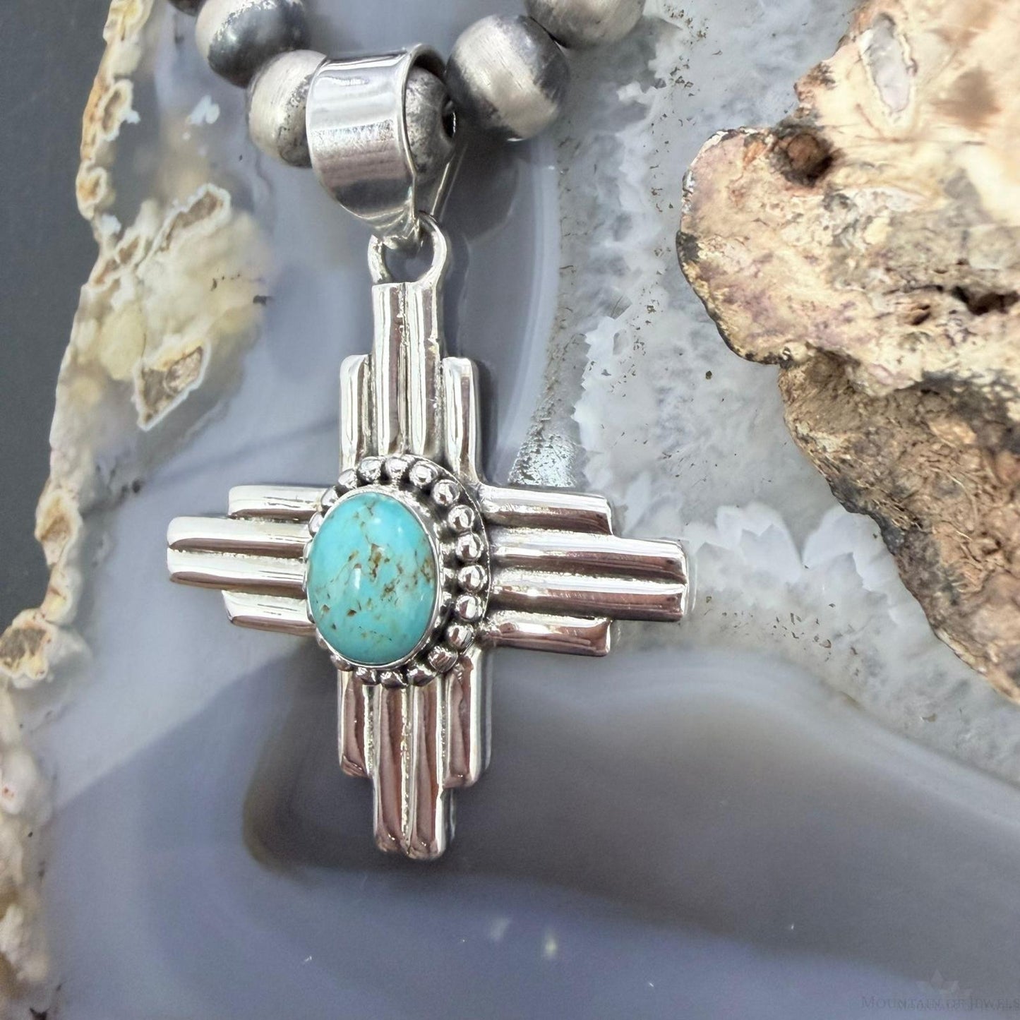 Sterling Silver Southwestern Style Oval Mohave Turquoise Unisex Zia Pendant #3