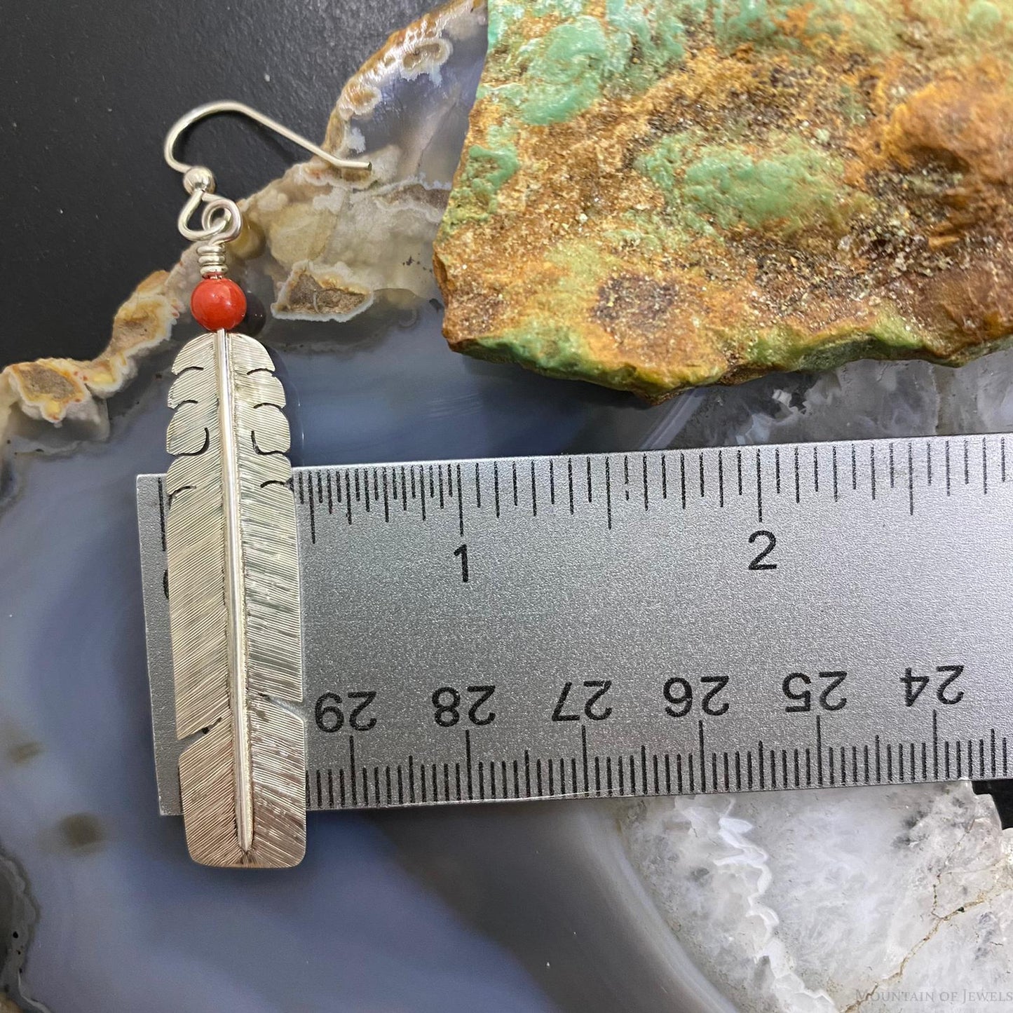 David Kuticka Native American Sterling Silver Feather w/Coral Dangle Earrings #1