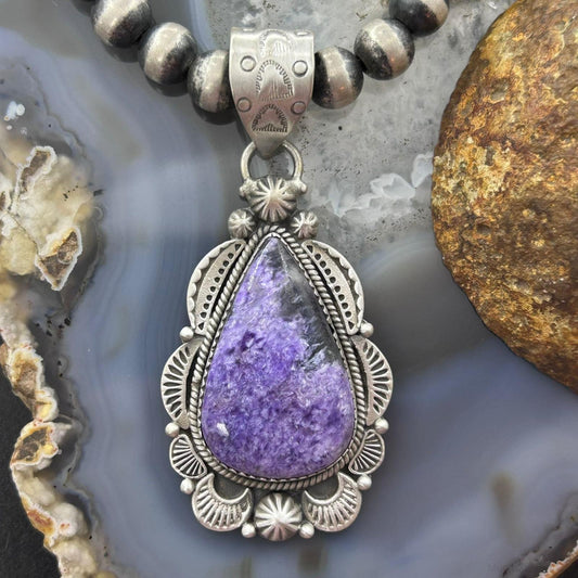 Sterling Silver Southwestern Style Teardrop Charoite Pendant For Women