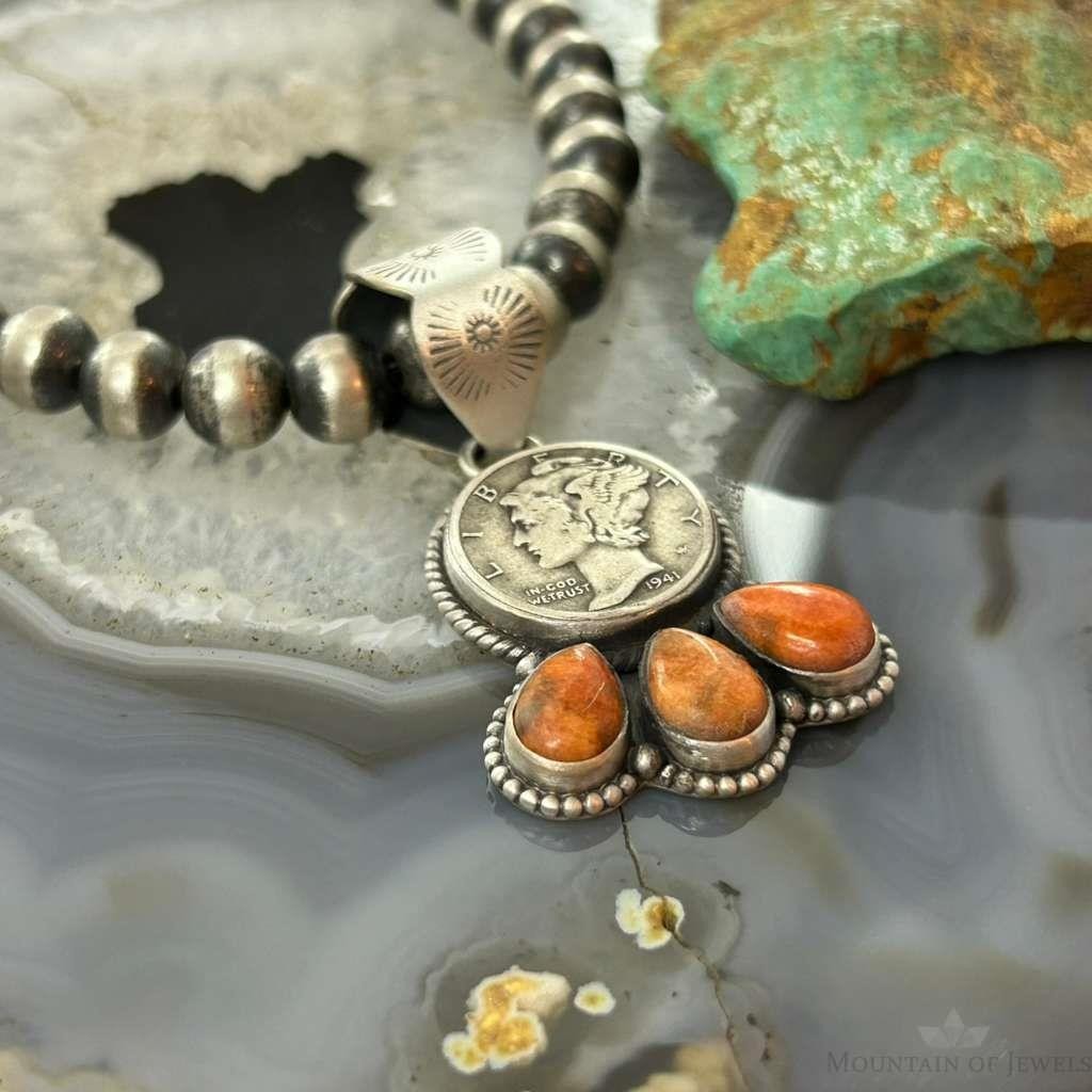 Genuine 1941 90% Silver Mercury Dime Coin w/Teardrop Orange Spiny Oyster Unisex Pendant