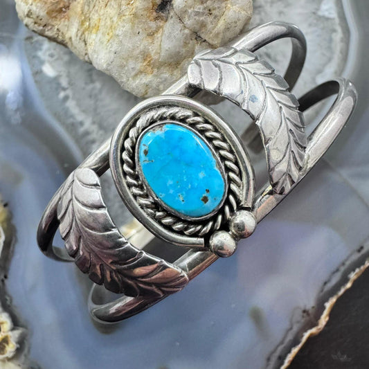 Vintage Native American Silver Oval Turquoise Decorated Split Shank Bracelet For Women