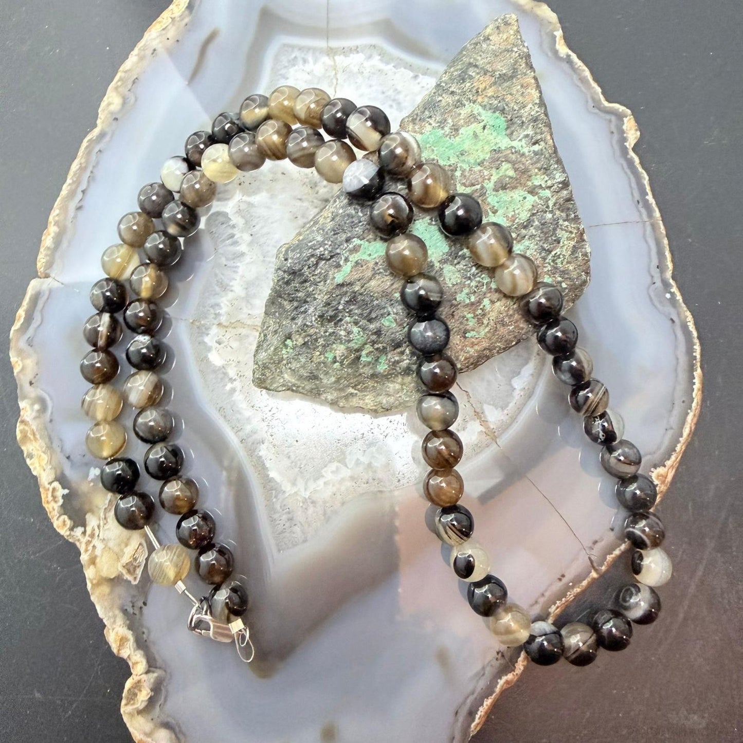 Sterling Silver Southwestern Style Smoky Onyx 8mm Beads 22" Necklace For Women