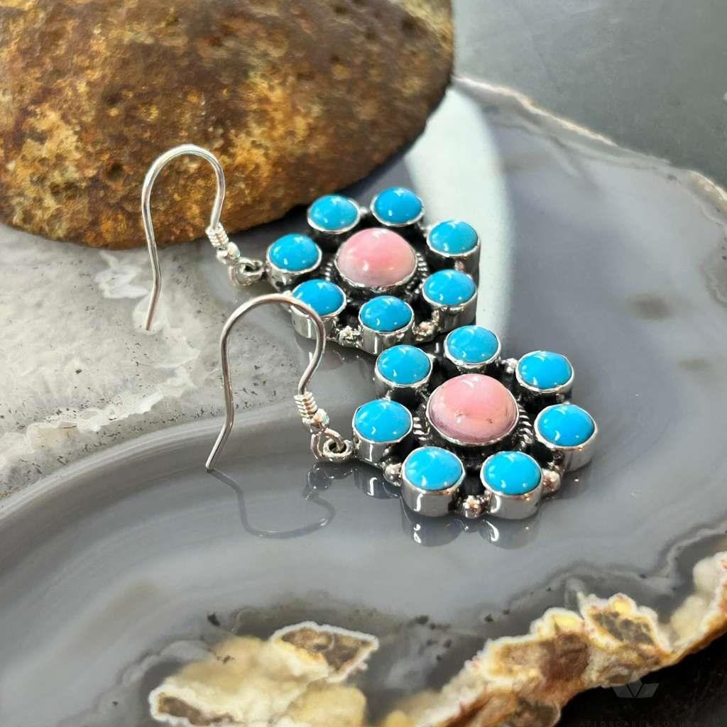 Native American Sterling Silver & Turquoise, Pink Conch Cluster Dangle Earrings For Women