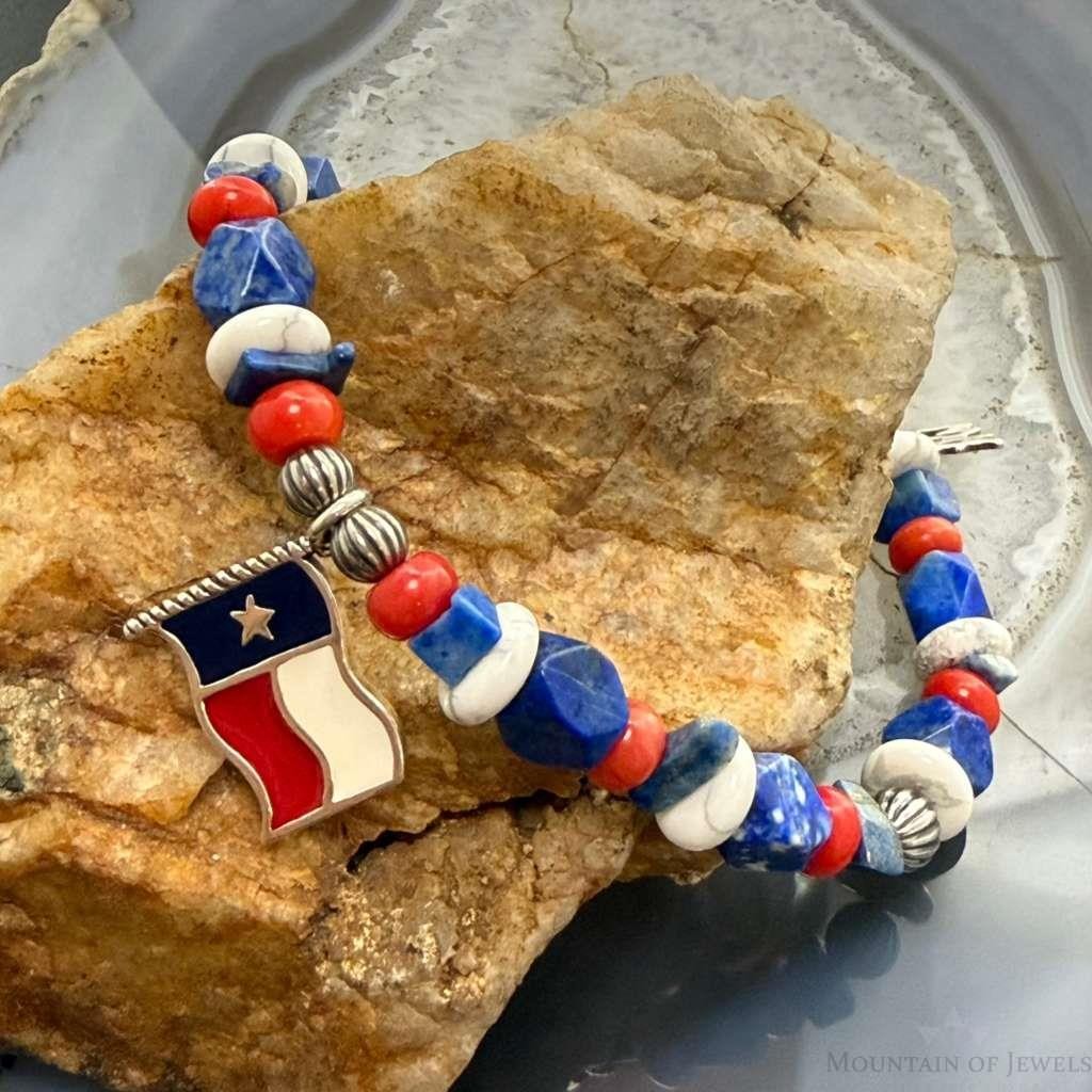 Carolyn Pollack Sterling Silver Multi Gemstone Bead w/Texas Flag Charm Bracelet For Women