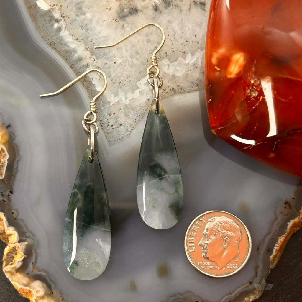 Sterling Silver Elongated Teardrop Moss Agate Slab Dangle Earrings For Women #328