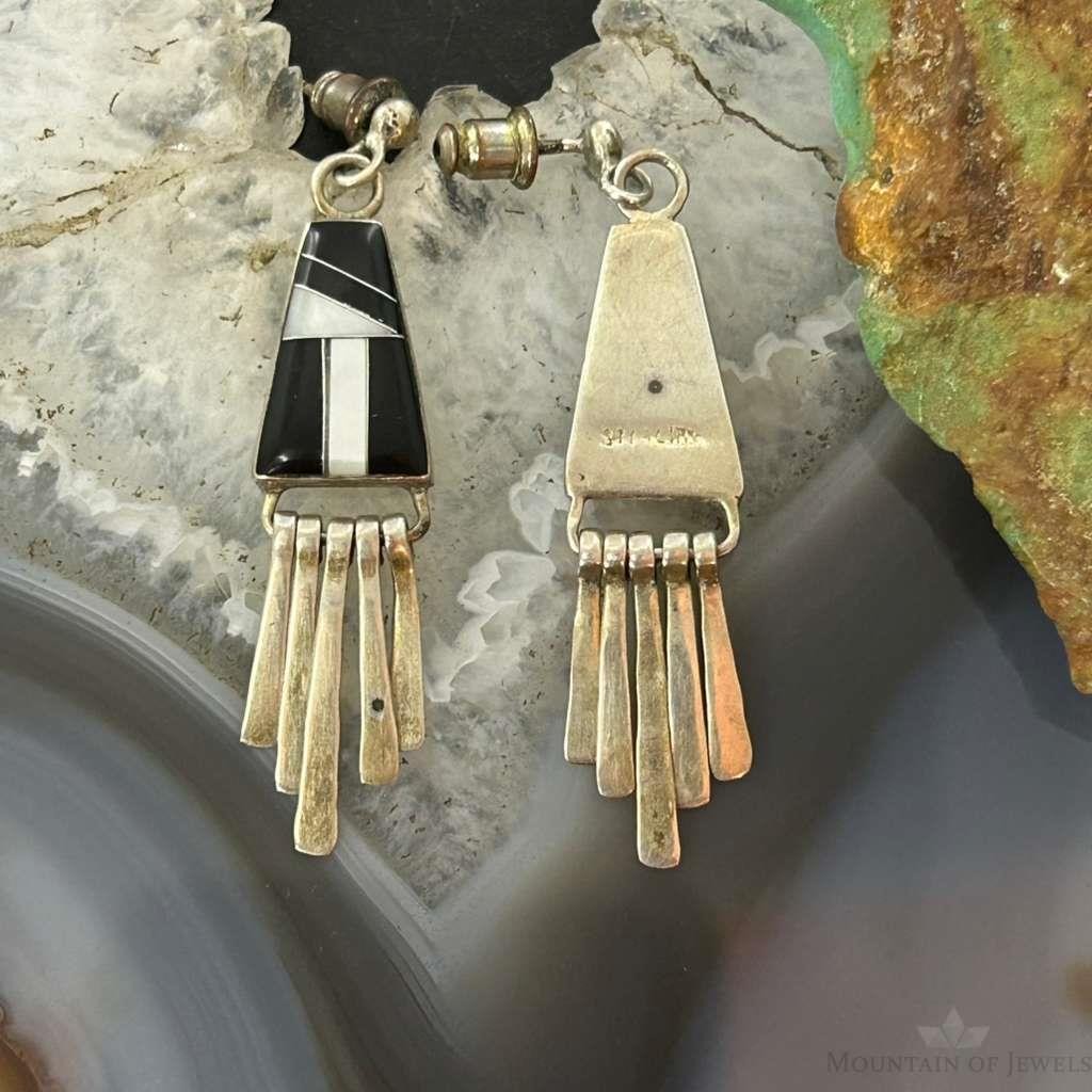 Vintage Native American Sterling Silver Onyx & MOP Inlay Dangle Earrings For Women
