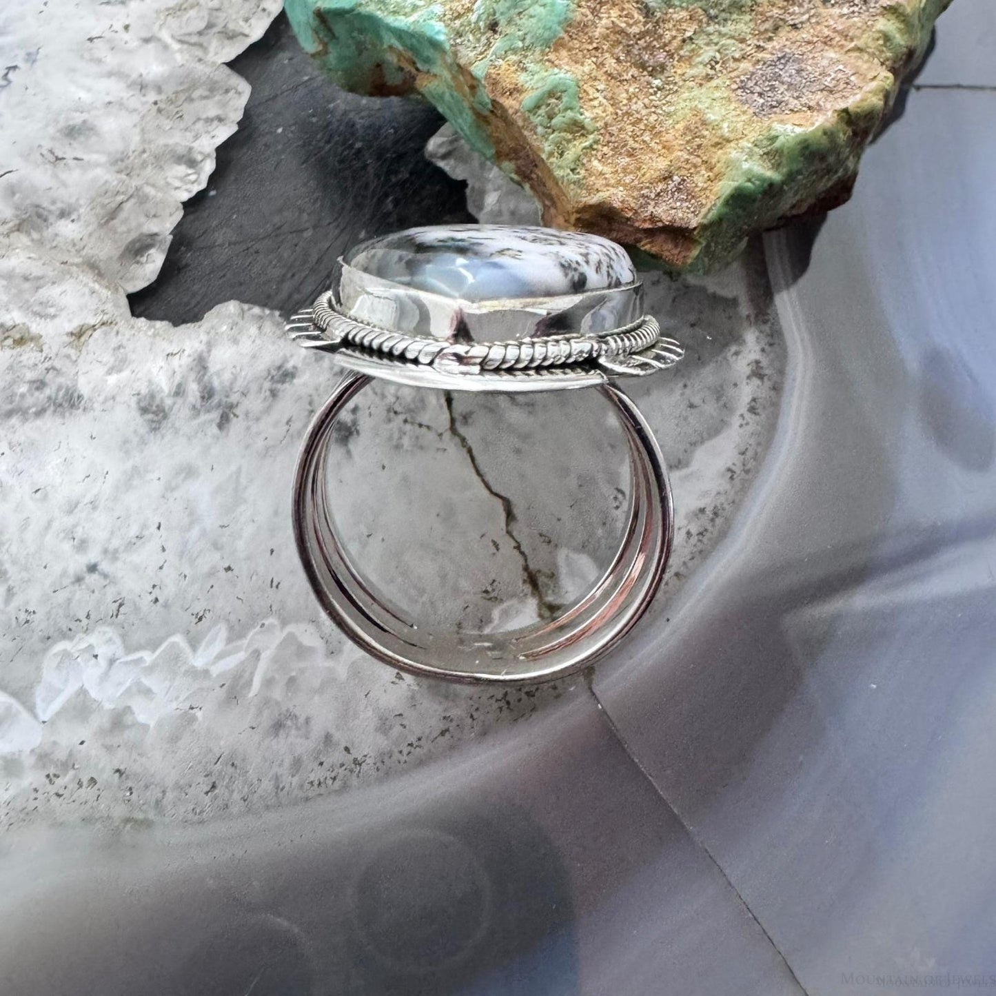 Sterling Silver Southwestern Style Large Teardrop Dendrite Agate Ring Size 8.25 For Women