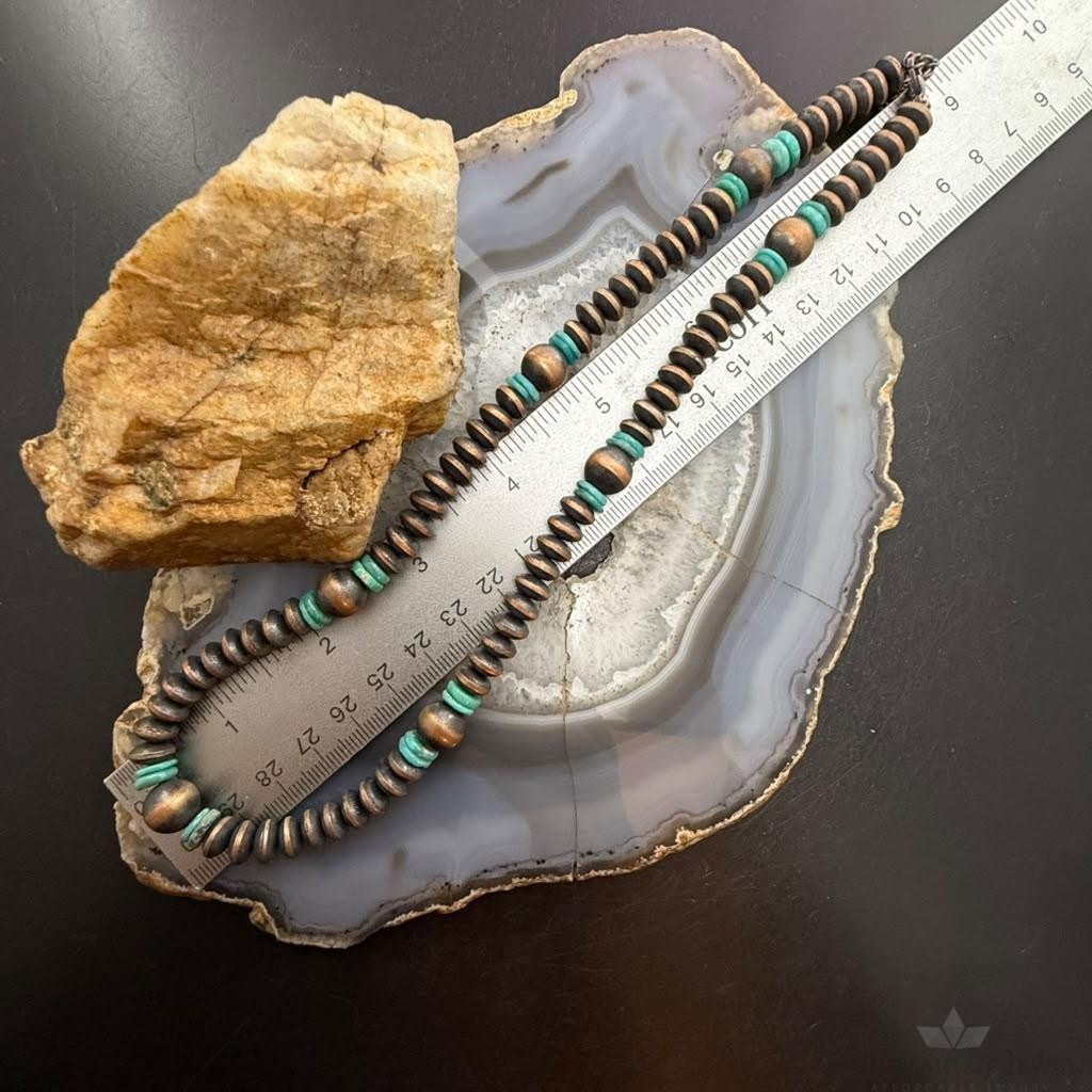 Southwestern Style Copper 8mm Navajo Pearl Saucer & Turquoise Disk Necklace For Women