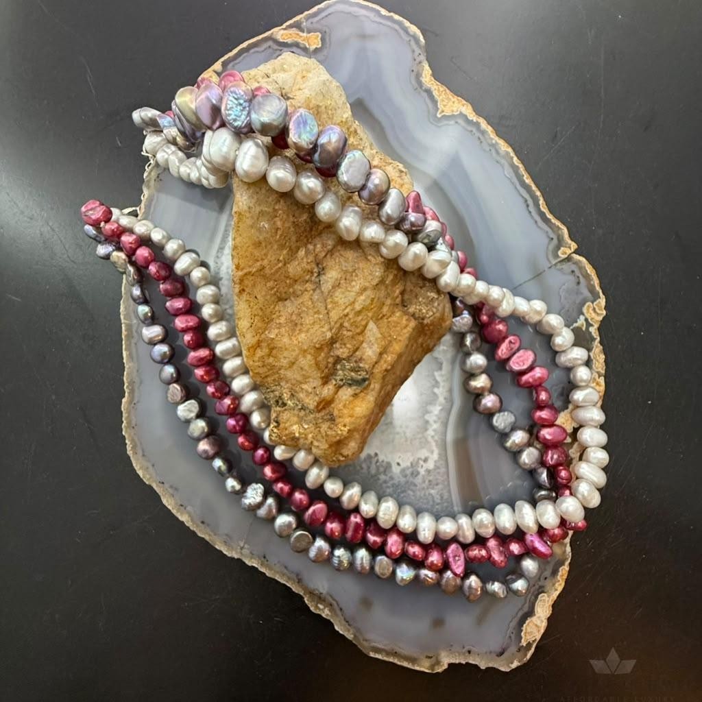 Sterling Silver 3 Strands Pink,Black,Gray Freshwater Pearl 17'-19" Necklace