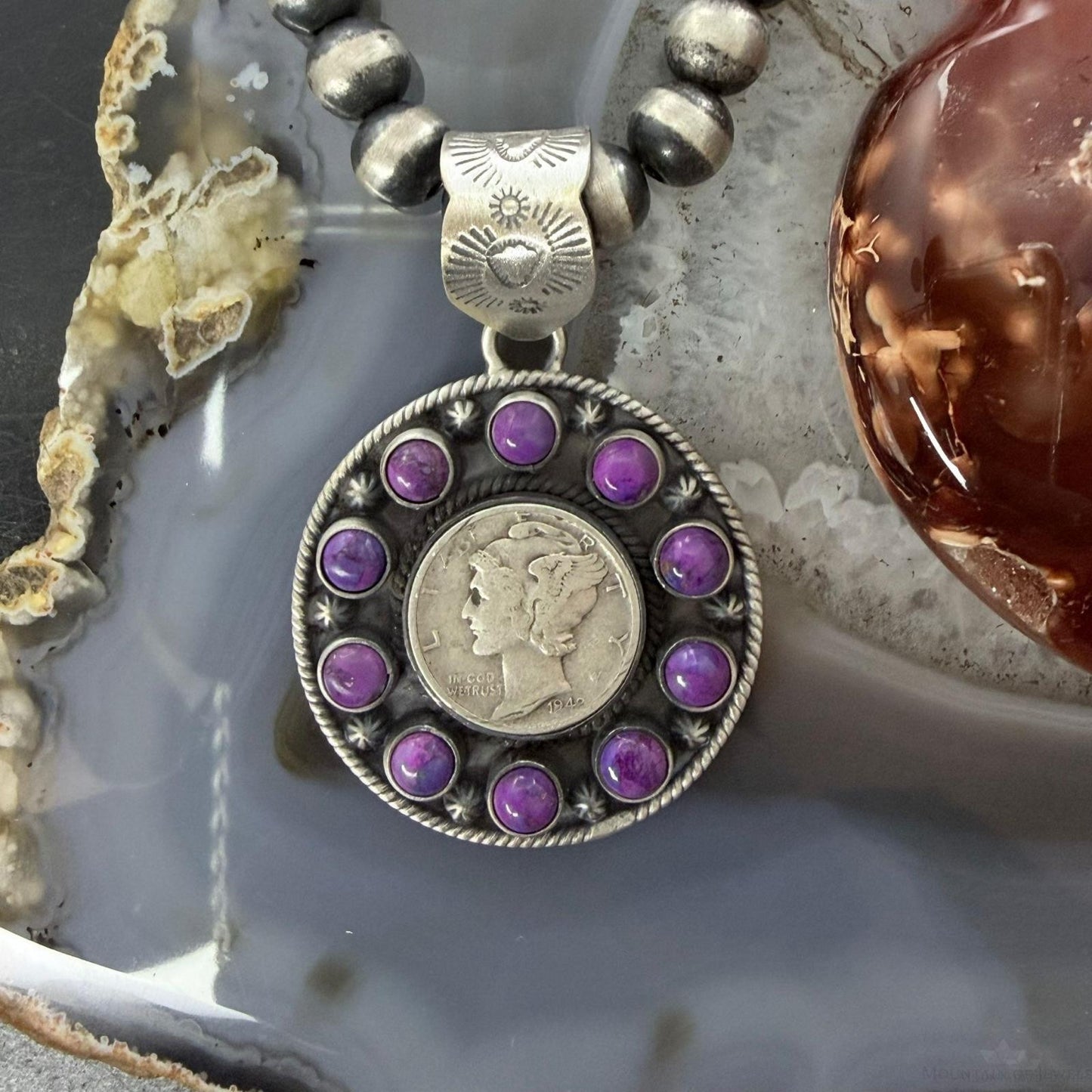Genuine 1942 90% Silver Mercury Dime Coin w/Purple Dahlia Decorated Unisex Pendant