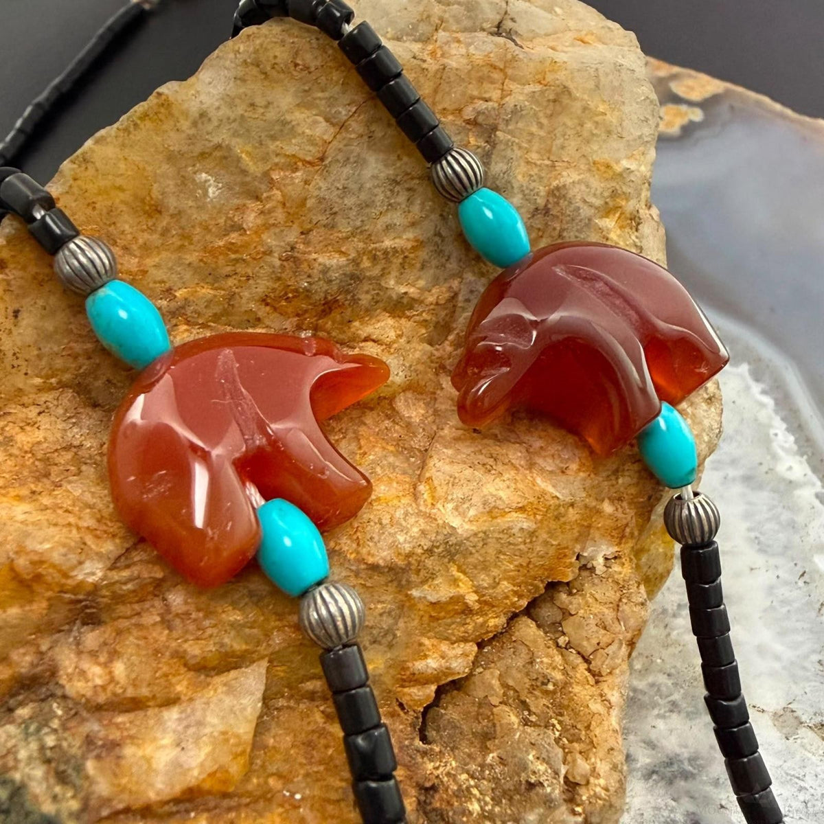 Shube Dakota West Fetish Bear Onyx & Turquoise Beads 24"-27" Necklace For Women