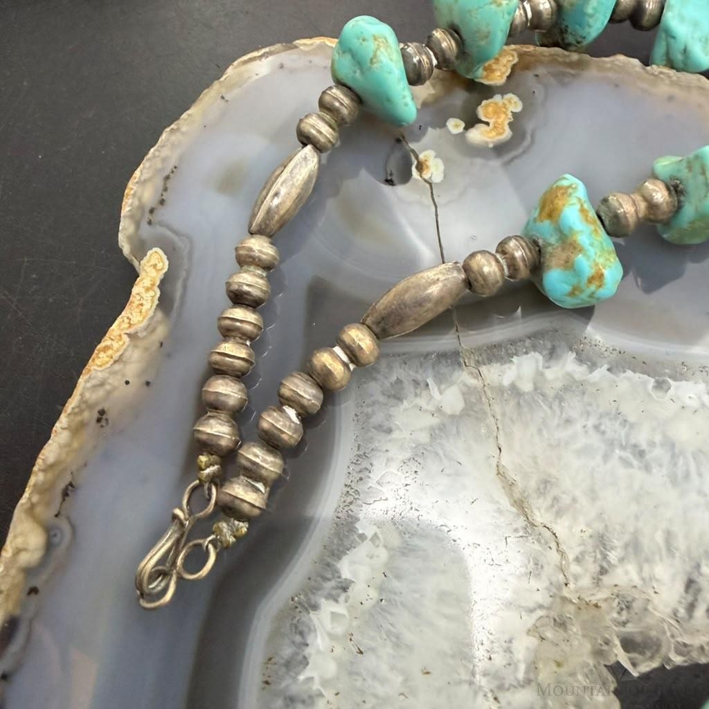 Vintage Sterling Silver Native American Natural Turquoise w/Silver Beads 27" Necklace For Women