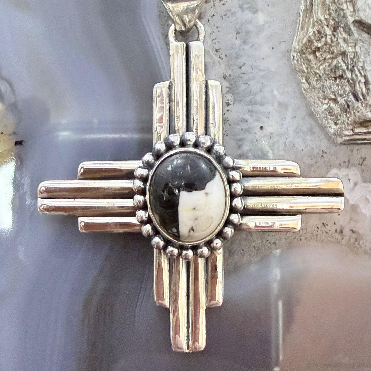 Sterling Silver Southwestern Style Oval White Buffalo Unisex Zia Pendant