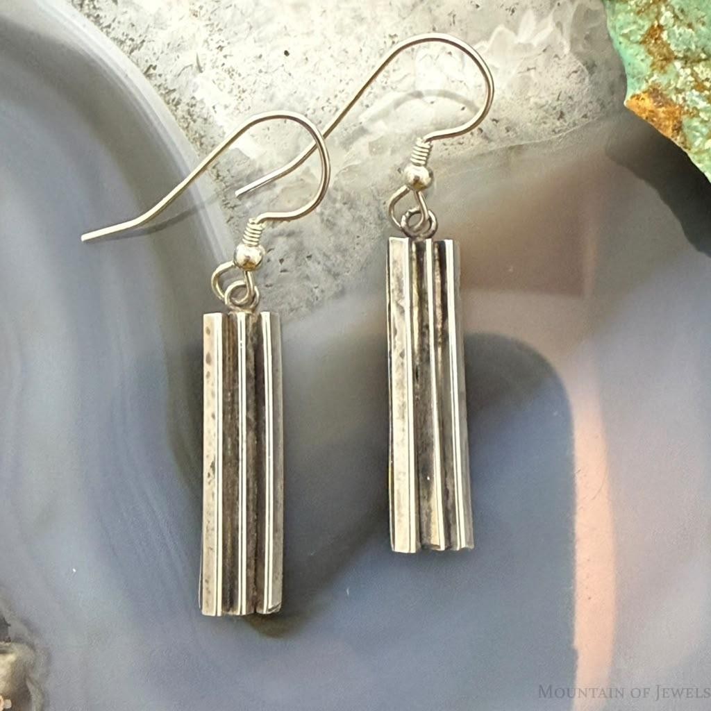 Lyle Wright Taos Pueblo Silver Grooved Rectangle Dangle Earrings For Women