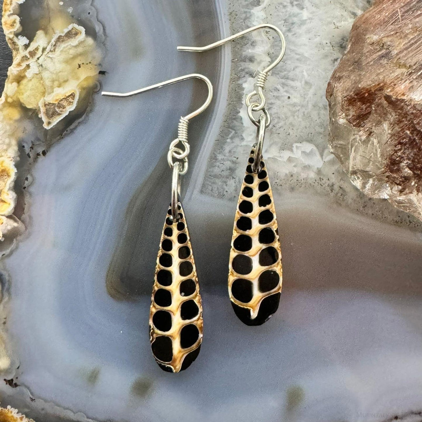 Sterling Silver Teardrop Turitella Fossil Slab Dangle Earrings For Women #232