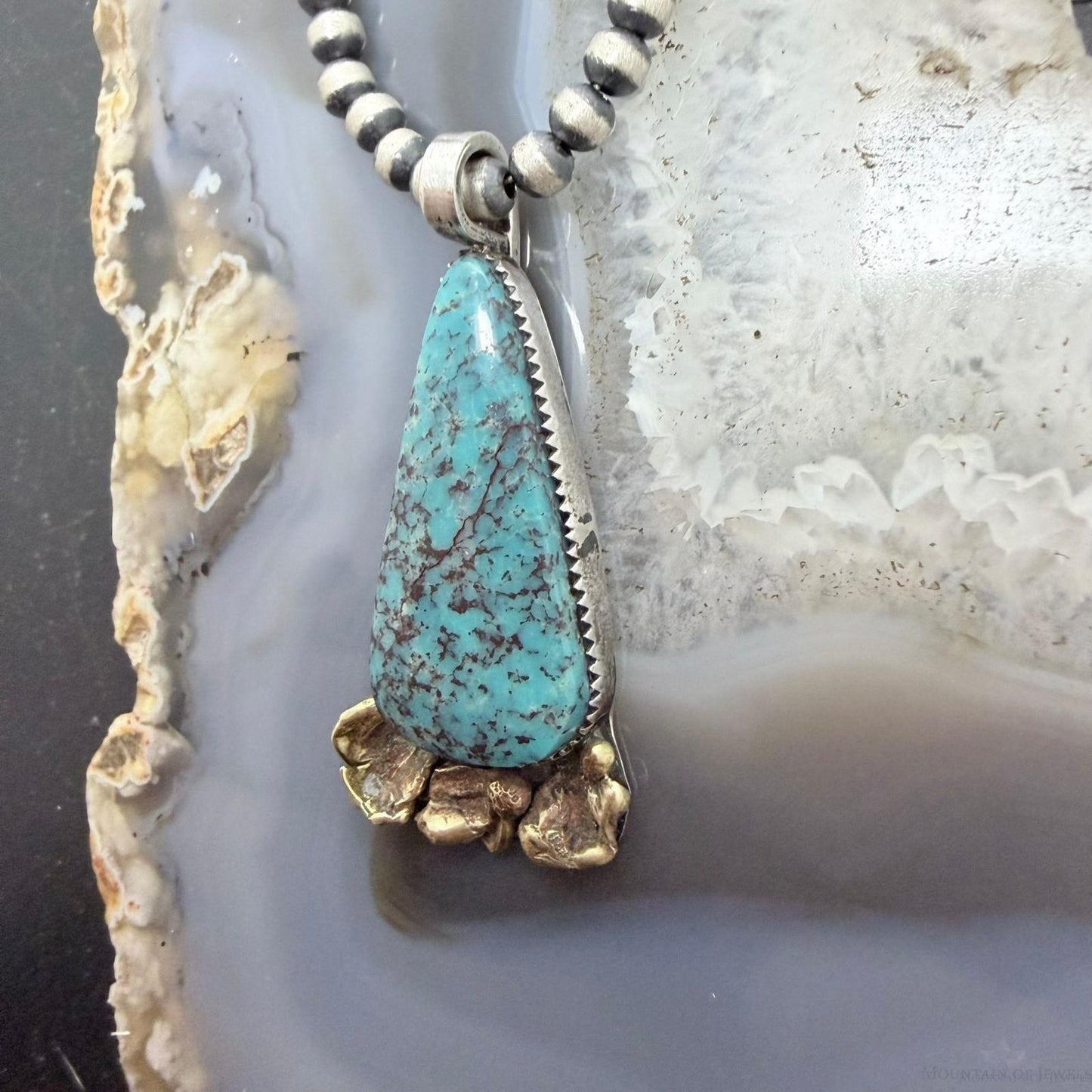 Anthony Lujan Taos Puablo Silver & Brass Triangle Turquoise Pendant For Women