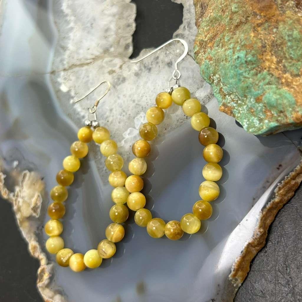 Sterling Silver 6mm Rounded Golden Tiger's Eye Hoop Dangle Earrings For Women