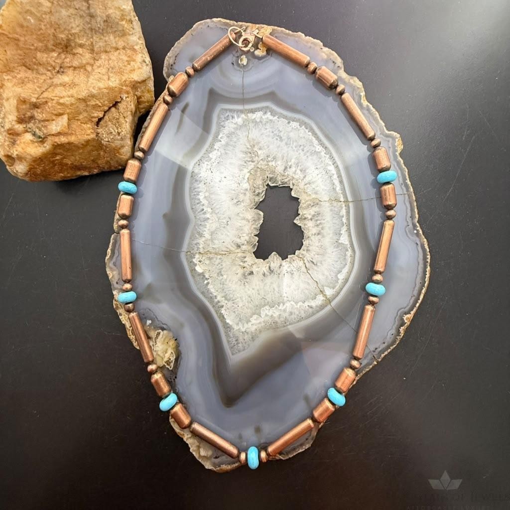 Southwestern Style 5-6mm Copper Navajo Pearl Round & Cylinder w/Royal Beauty Turquoise 20" Necklace For Women