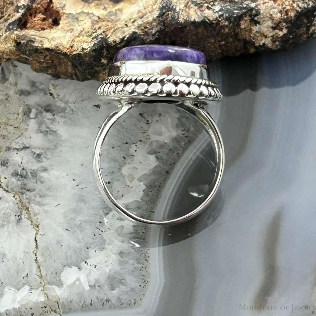 Sterling Silver Southwestern Style Oval Charoite Decorated Ring Size 6.75 For Women