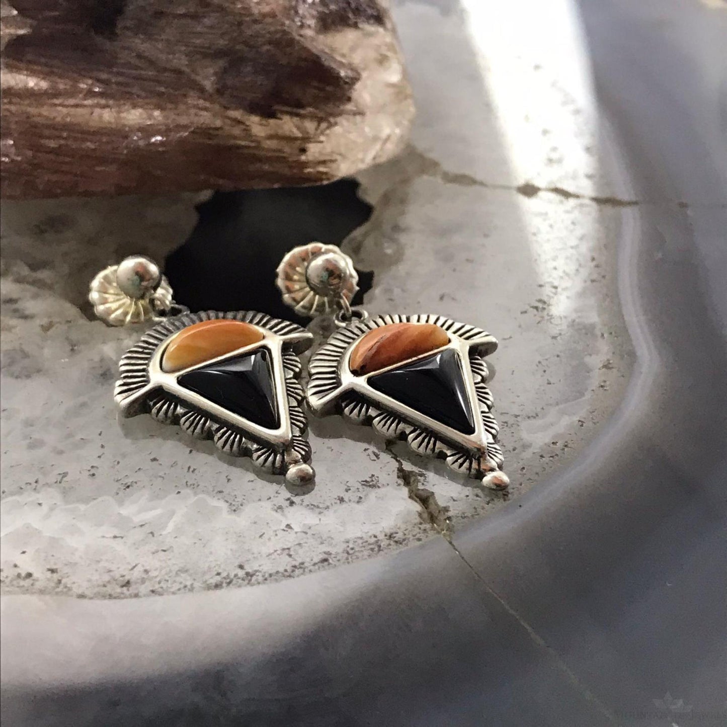 Carolyn Pollack Sterling Silver Orange Spiny Oyster & Onyx Decorated Dangle Earrings