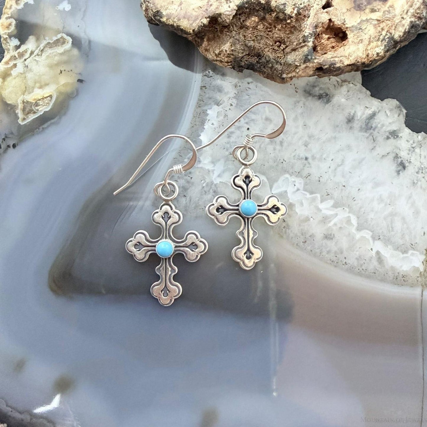 Sterling Silver Southwestern Style Turquoise Cross Dangle Earrings For Women