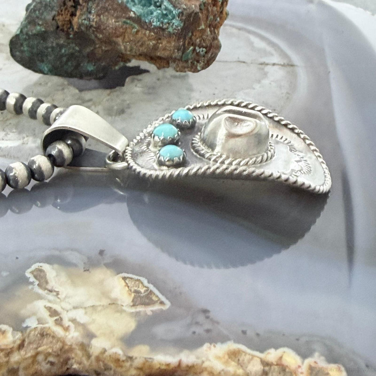 Running Bear Native American Sterling Silver Turquoise Cowboy Hat Unisex Pendant