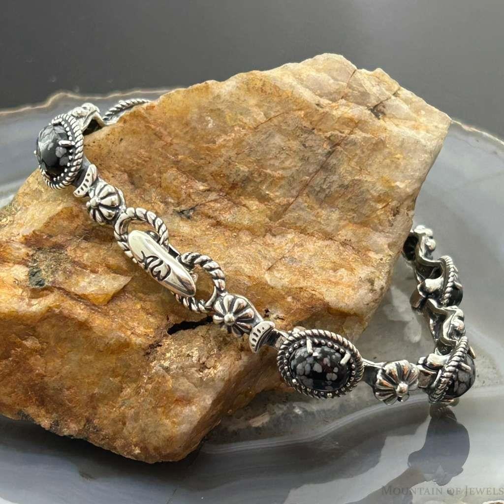 Carolyn Pollack Sterling Silver 7 Oval Snowflake Obsidian Bracelet For Women