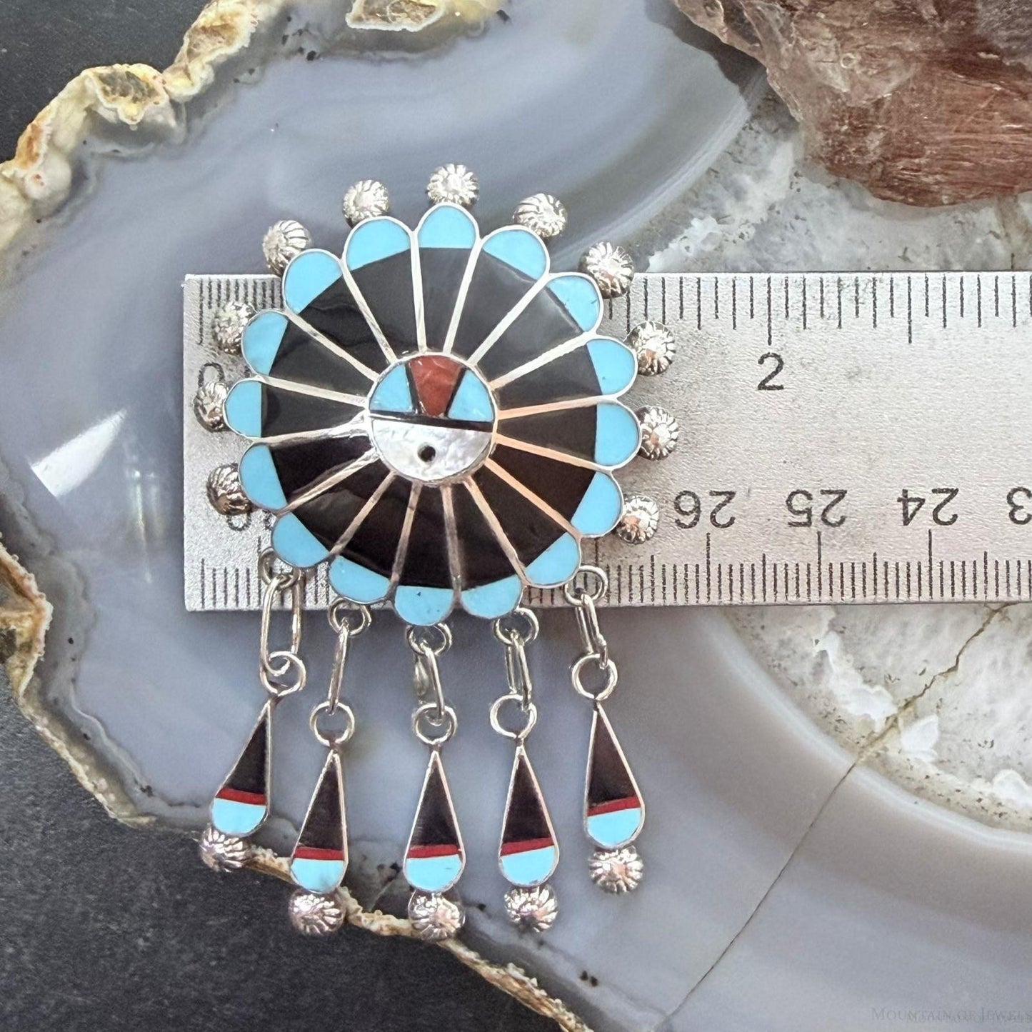 Abel Soseeah Native American Sterling Silver Zuni Inlay Sunface Pendant/Brooch For Women