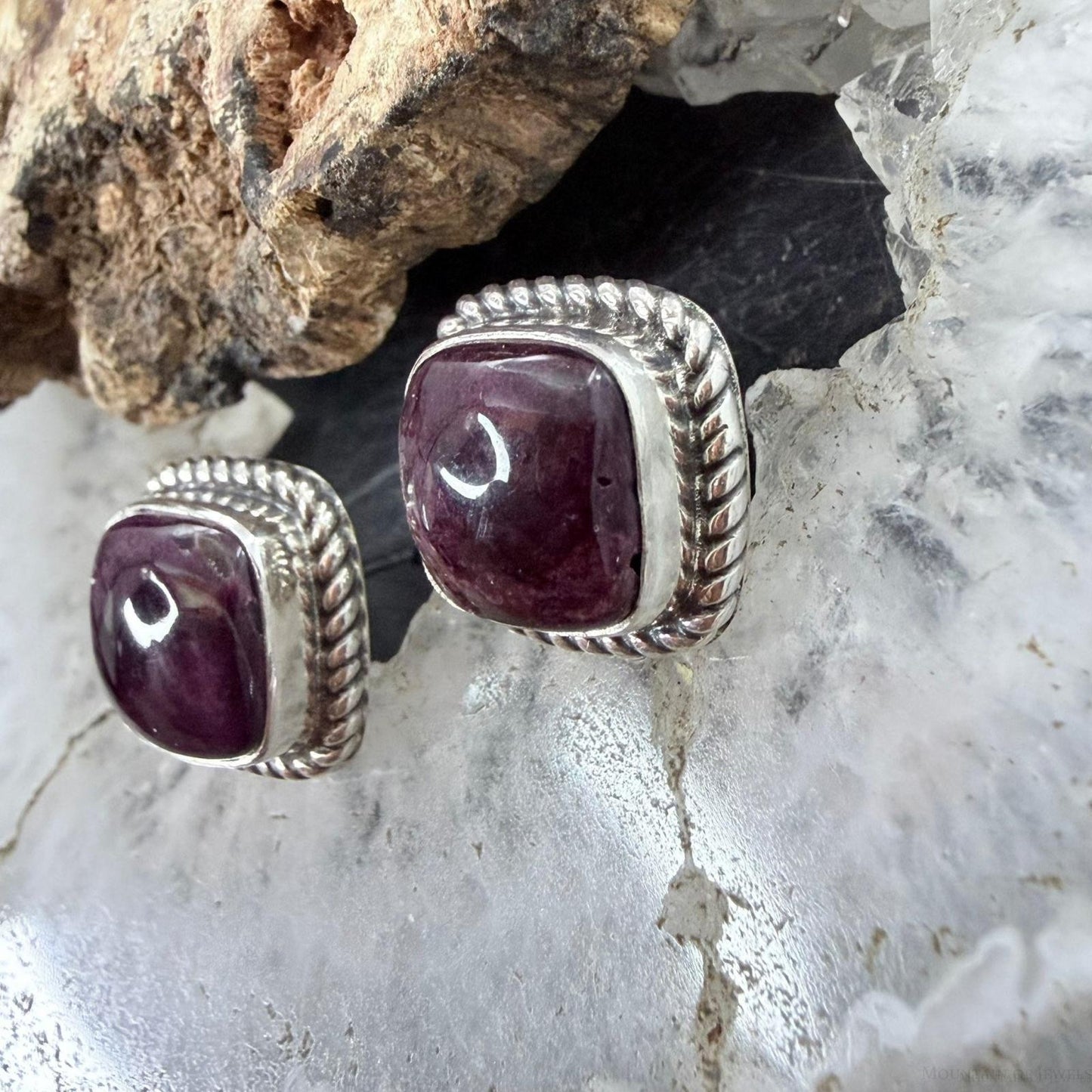 Native American Sterling Silver Square Purple Spiny Oyster Stud Earrings For Women