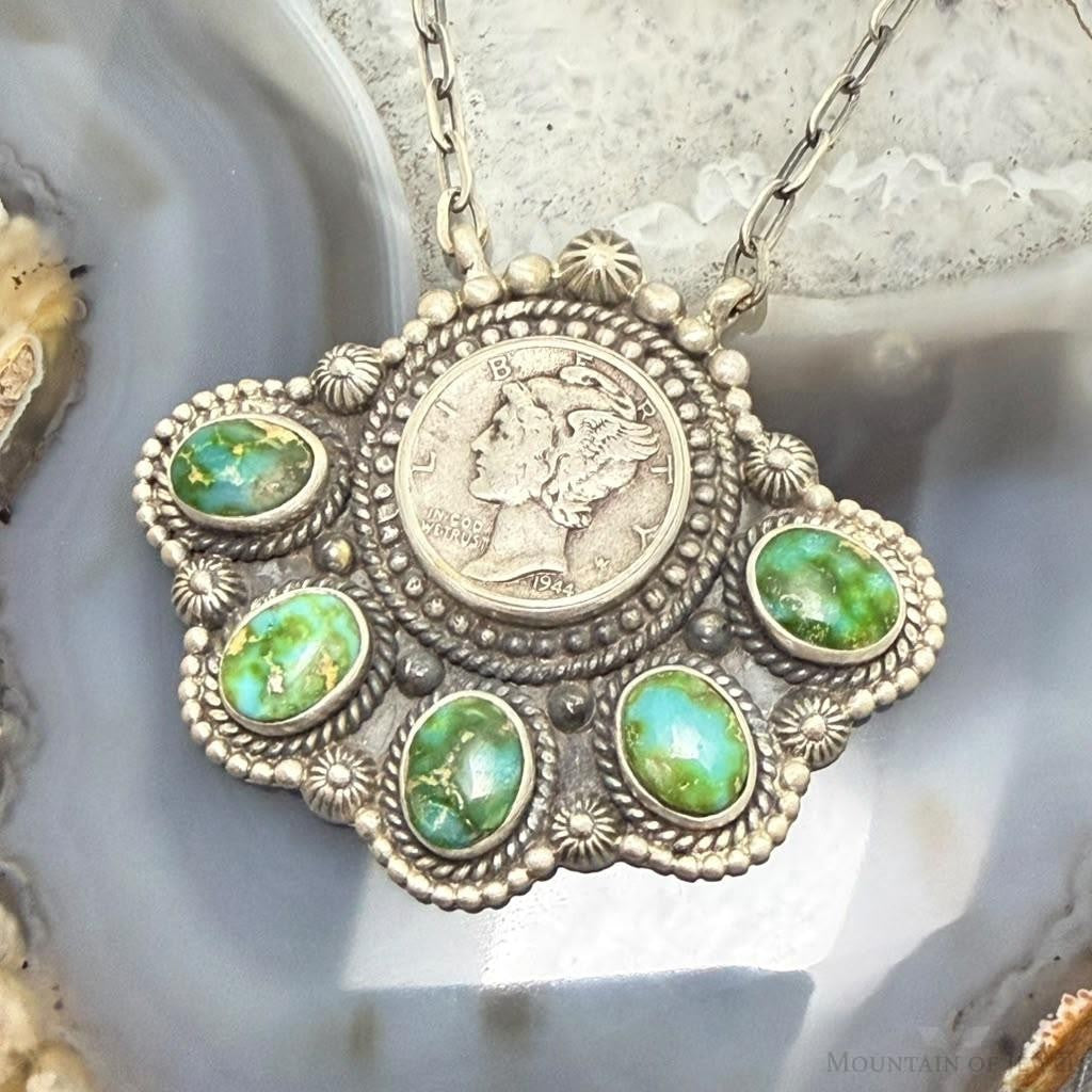 Sterling Silver Southwestern Style 1944 Mercury Dime & Sonora Gold Turquoise Necklace For Women