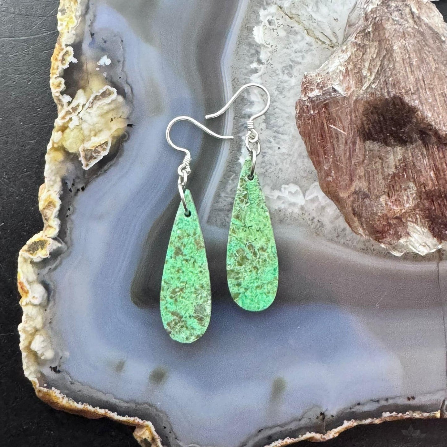 Sterling Silver Elongated Teardrop Green River Jasper Slab Dangle Earrings For Women #242