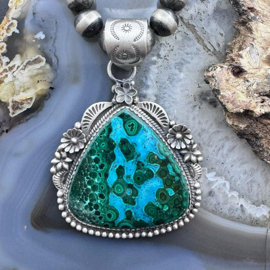 Sterling Silver Southwestern Style Large Triangular Azurite Malachite Decorated Pendant For Women