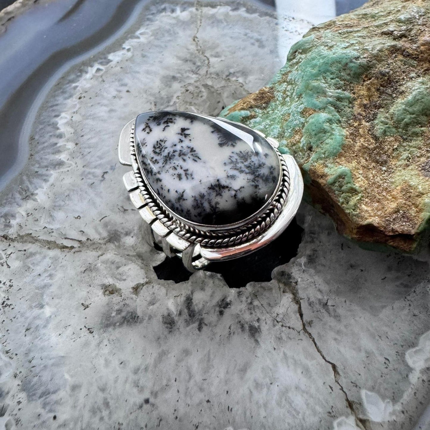 Sterling Silver Southwestern Style Large Teardrop Dendrite Agate Ring Size 8.25 For Women
