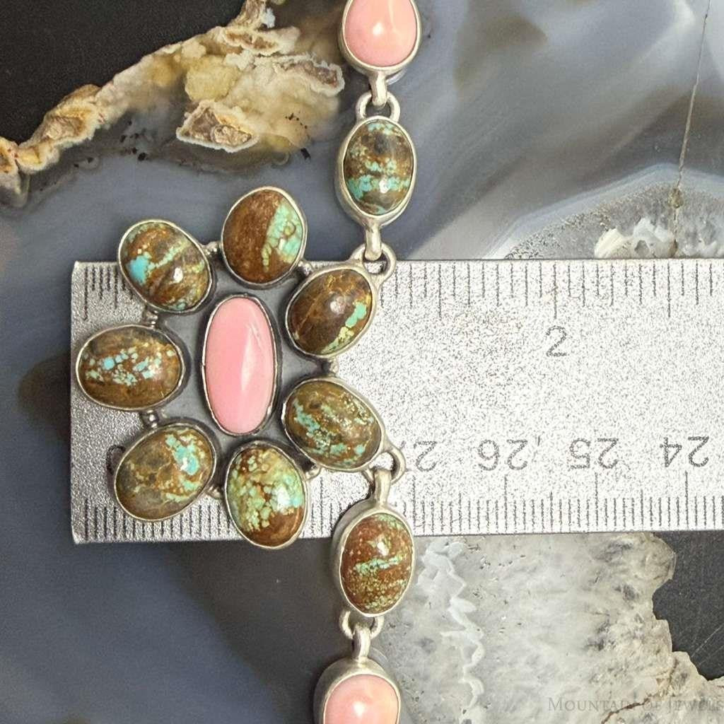 Sterling Silver Southwestern Style Turquoise &Pink Conch Cluster 21" Necklace For Women