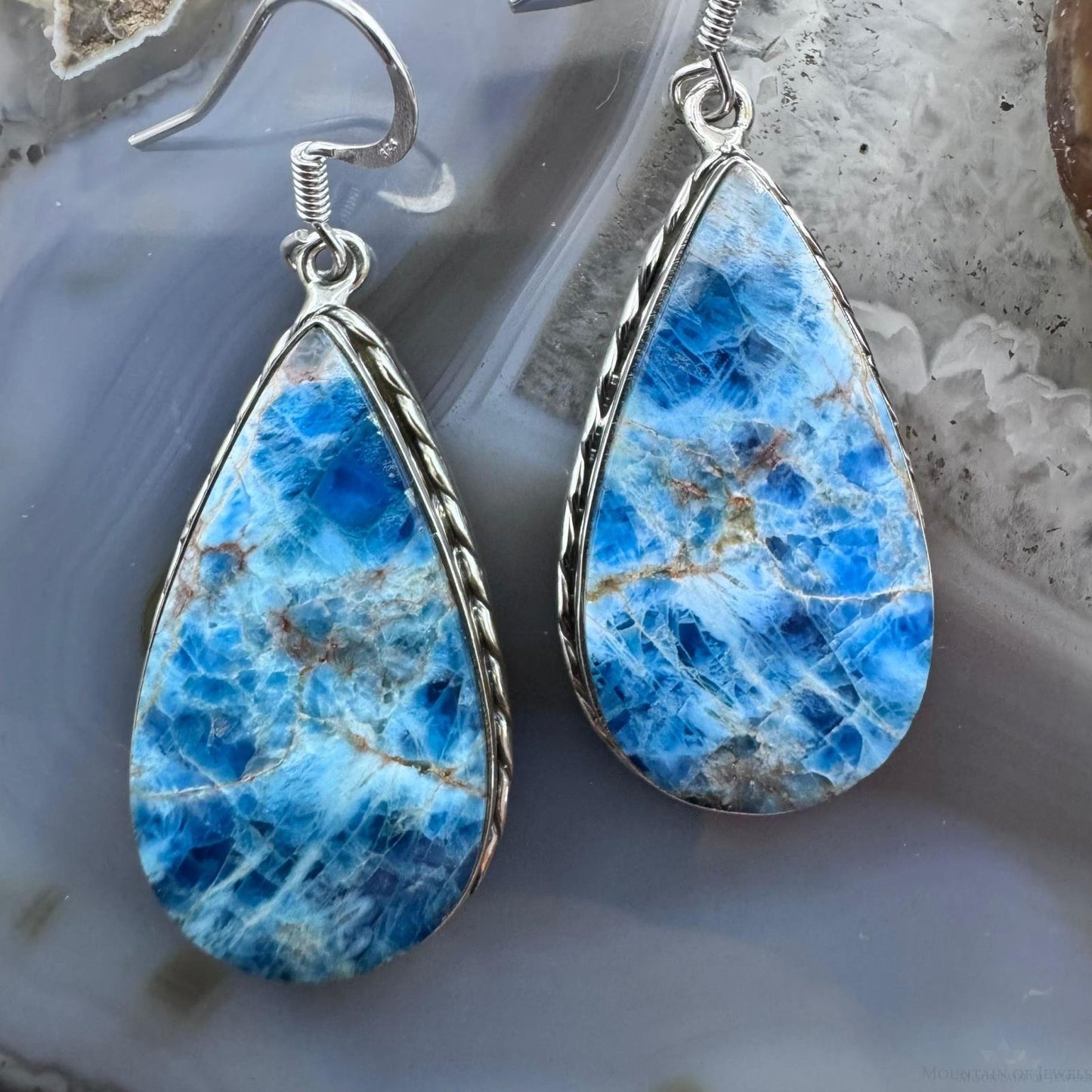 Sterling Silver Southwestern Style Teardrop Blue Apatite Dangle Earrings For Women