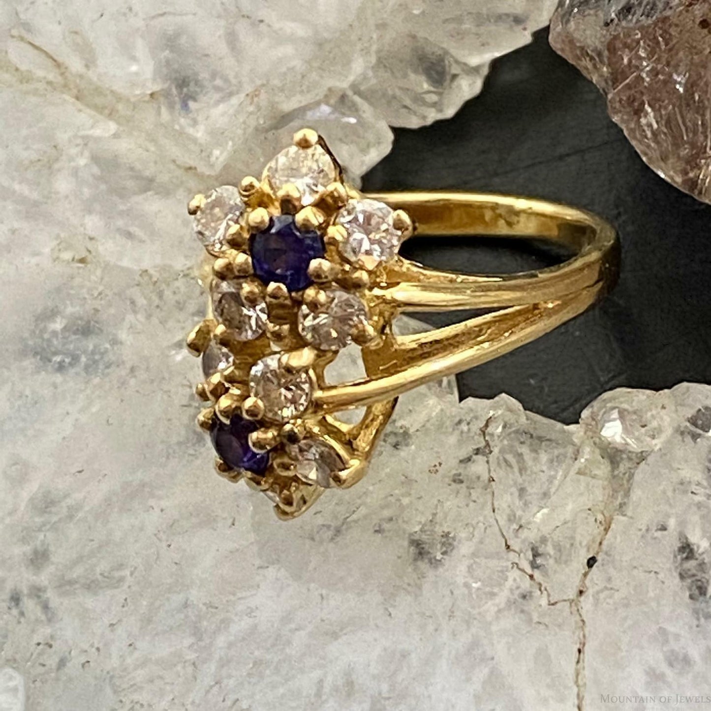 Vintage 14K Yellow Gold Diamonds & Sapphire Floral Lady's Ring Sz 4.5 For Women