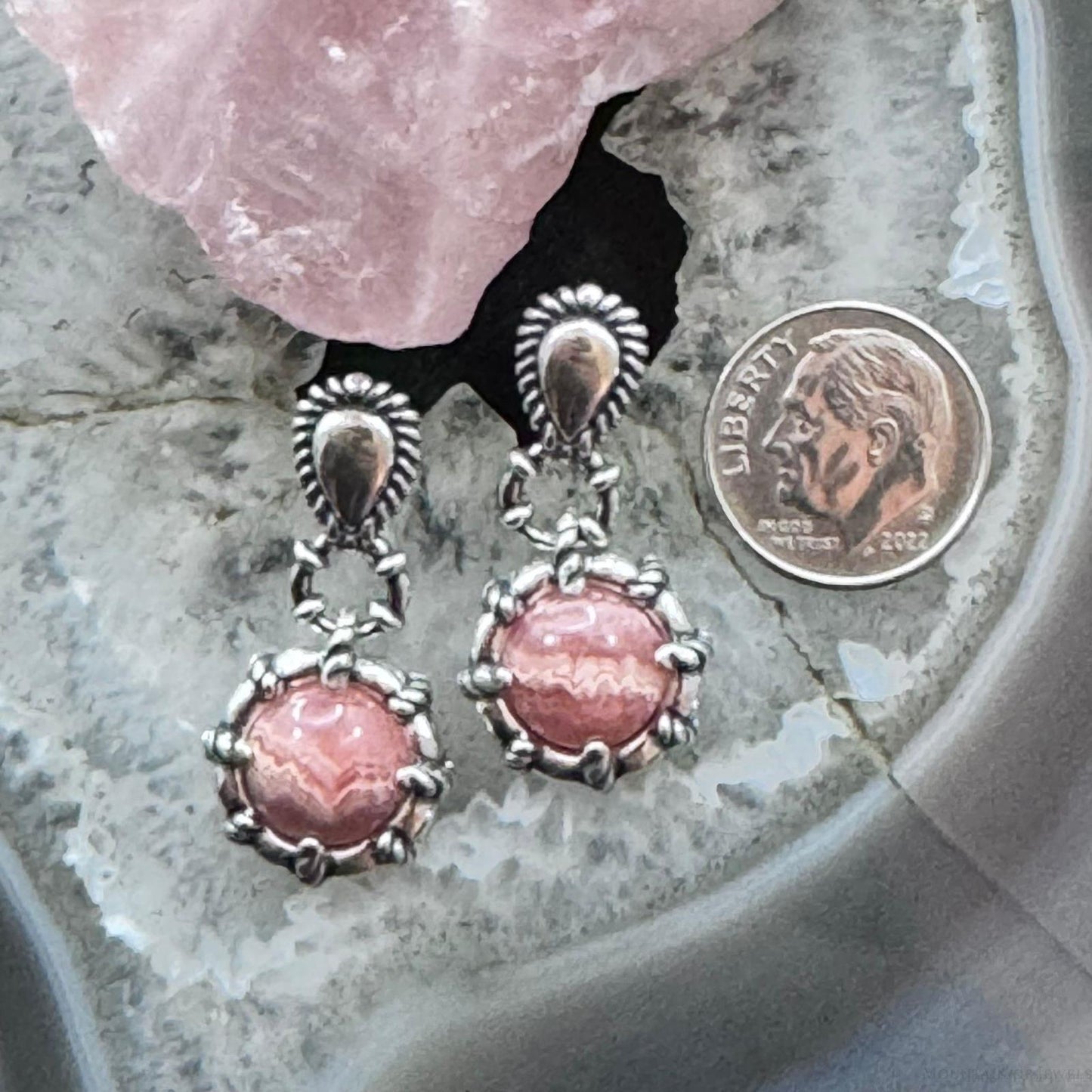 Carolyn Pollack Sterling Silver Round Rhodochrosite Decorated Dangle Earrings For Women