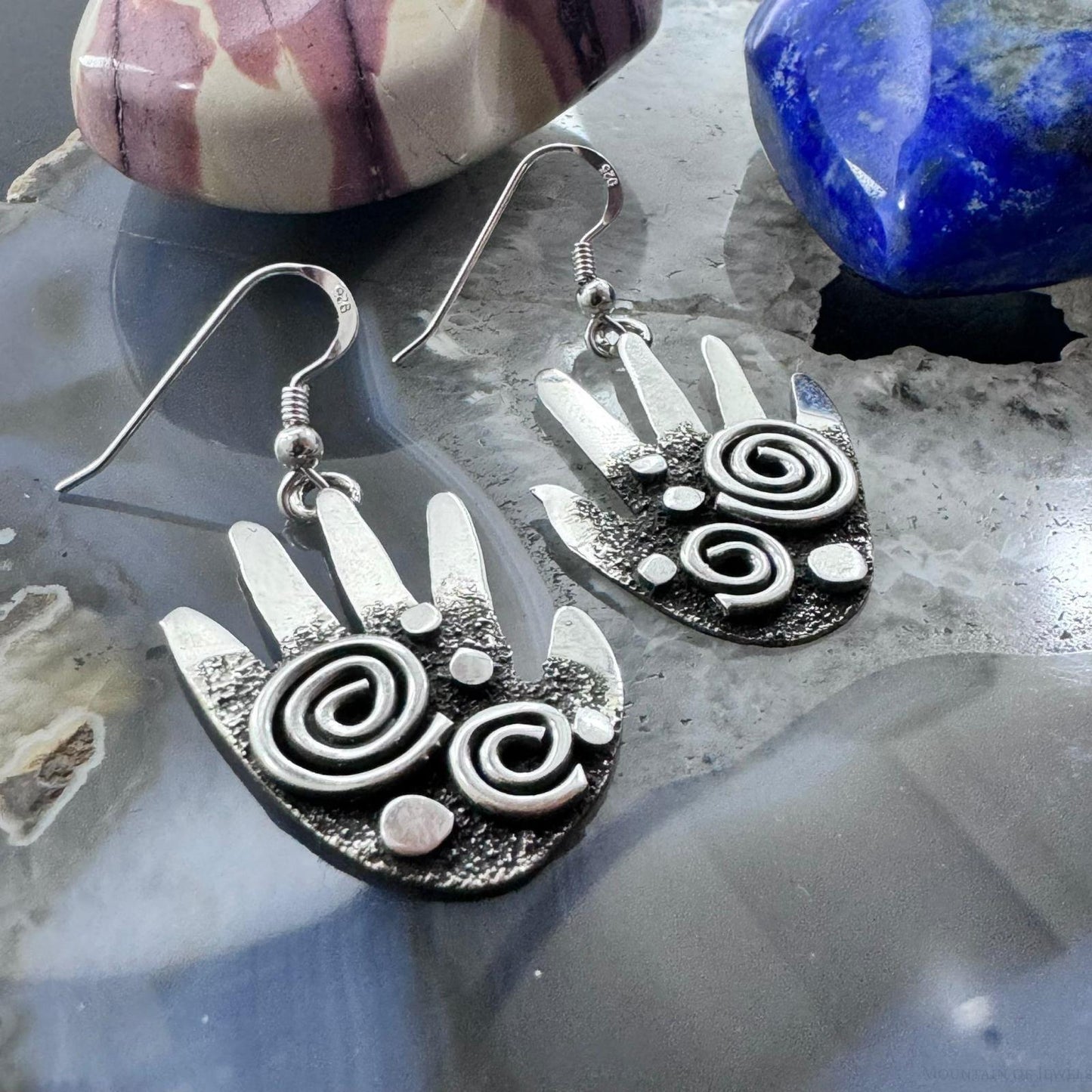 Alex Sanchez Sterling Silver Ancestors Hand Petroglyph Dangle Earrings For Women