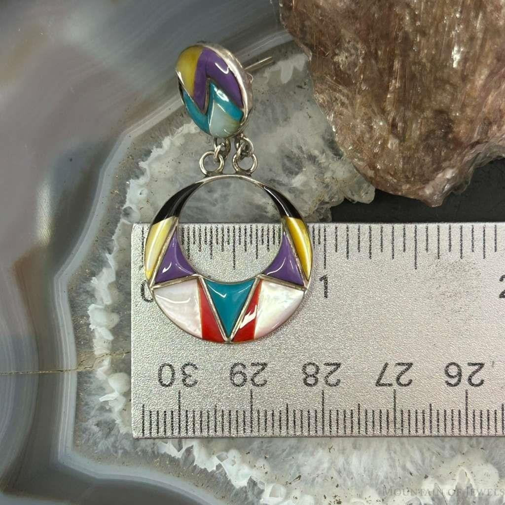 Sterling Silver Southwestern Style Multi Stone Inlay Dangle Earrings For Women