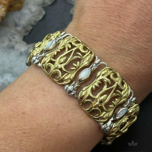 Carolyn Pollack Vintage Brass 8 Marquise MOP Hidden Clasp Bracelet For Women