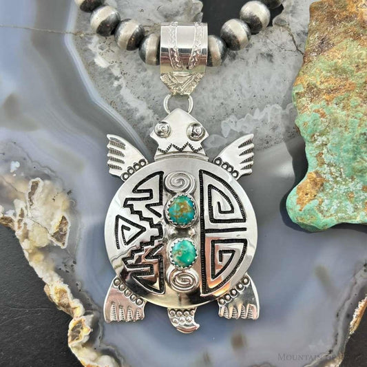 Alonzo Mariano Sterling Silver Overlay Turtle & 2 Turquoise Unisex Pendant #1