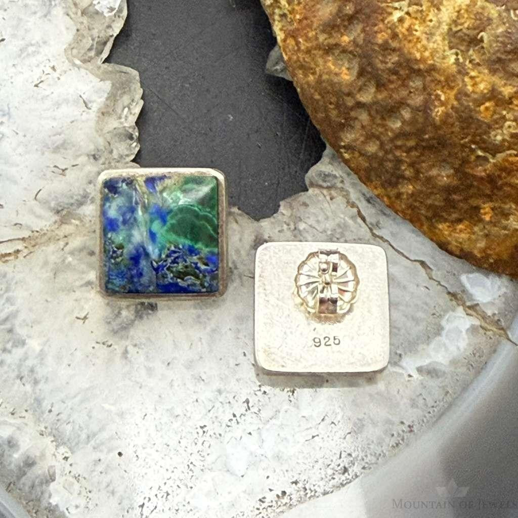 Vintage Sterling Silver Square Azurite Malachite Stud Earrings For Women