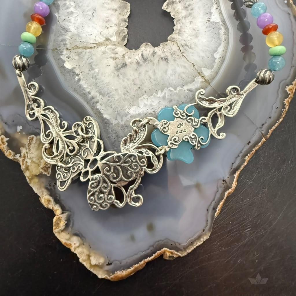 Carolyn Pollack Sterling Inlay Butterfly & Multistone Beads 15"-20" Necklace For Women