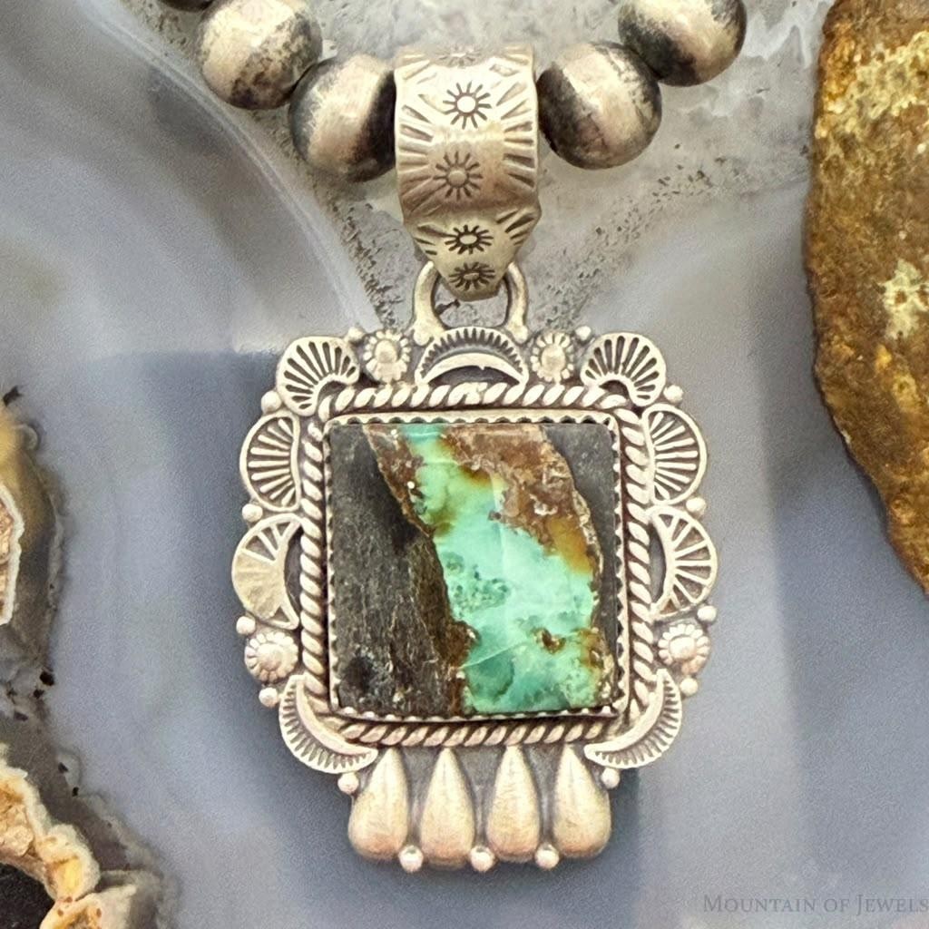 Sterling Silver Southwestern Style Square Blackjack Turquoise Decorated Pendant For Women