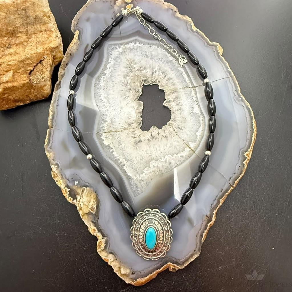 Carolyn Pollack Sterling Silver Turquoise Concho Pendant on Onyx Beads Necklace For Women