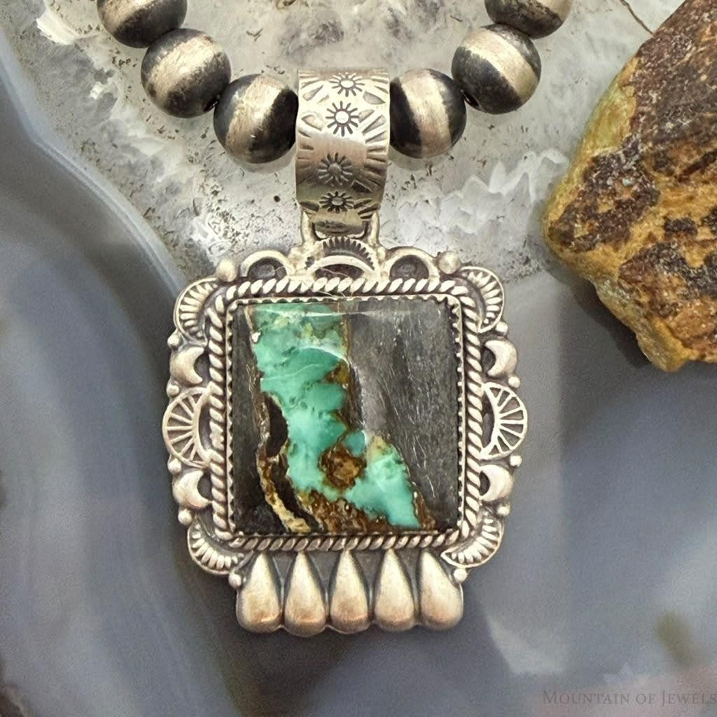 Sterling Silver Southwestern Style Square Blackjack Turquoise Decorated Pendant