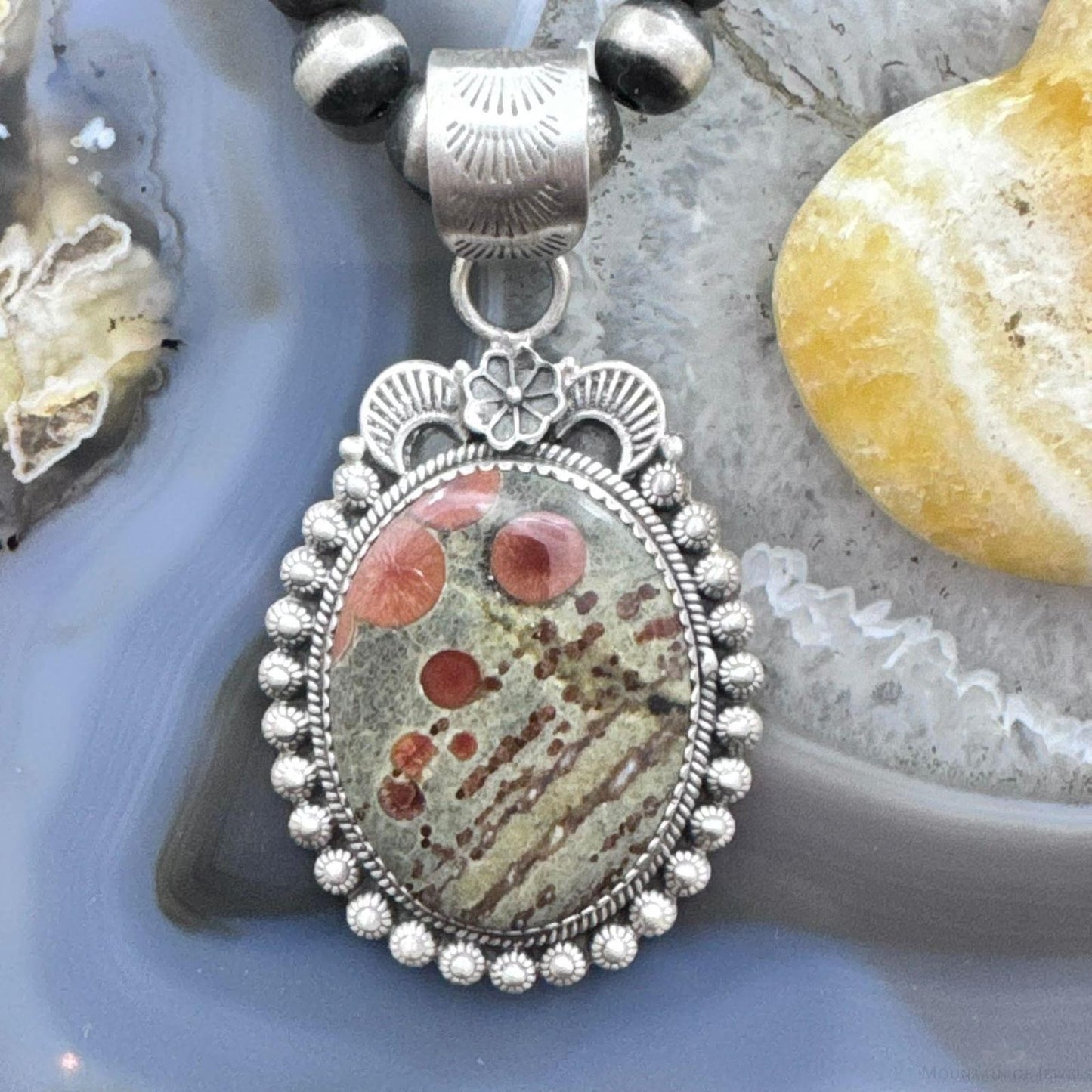 Sterling Silver Southwestern Style Oval Peanut Obsidian Decorated Pendant For Women
