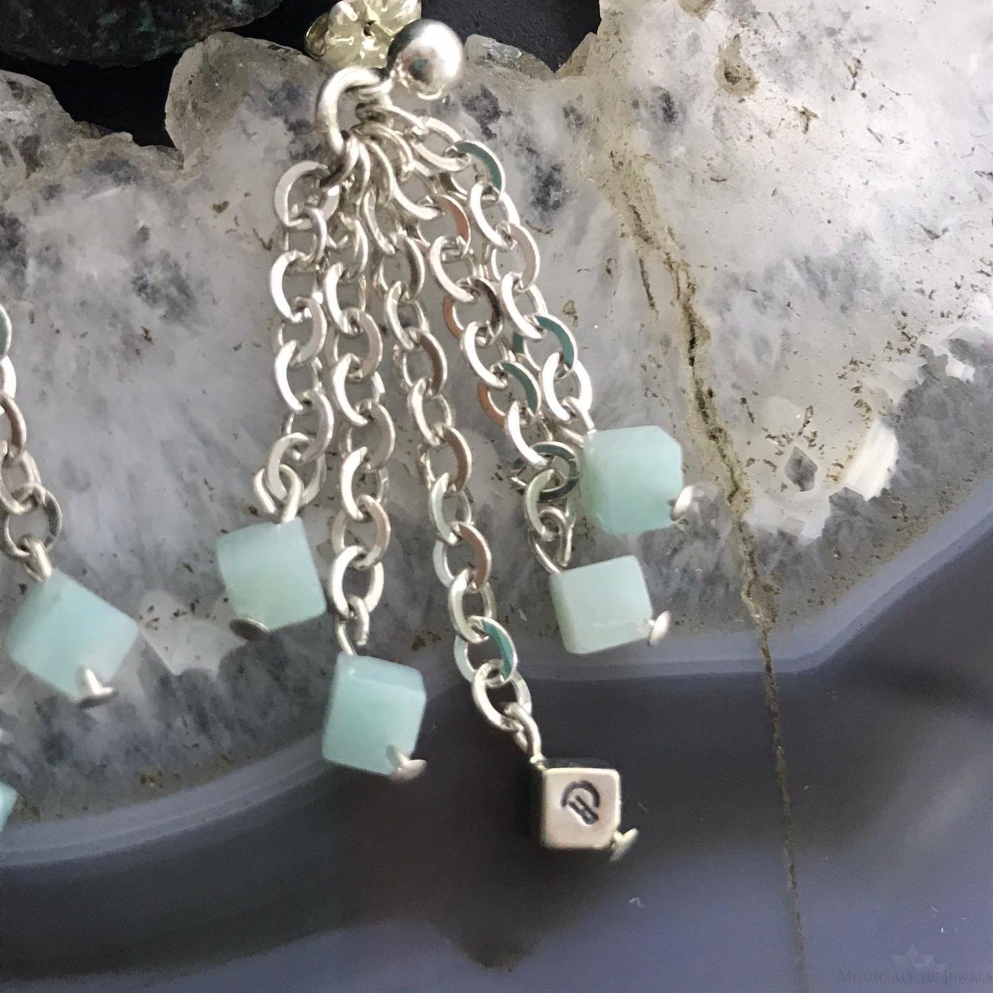 Carolyn Pollack Sterling Silver Tiny Amazonite Cube Bead Chandelier Dangle Earrings For Women