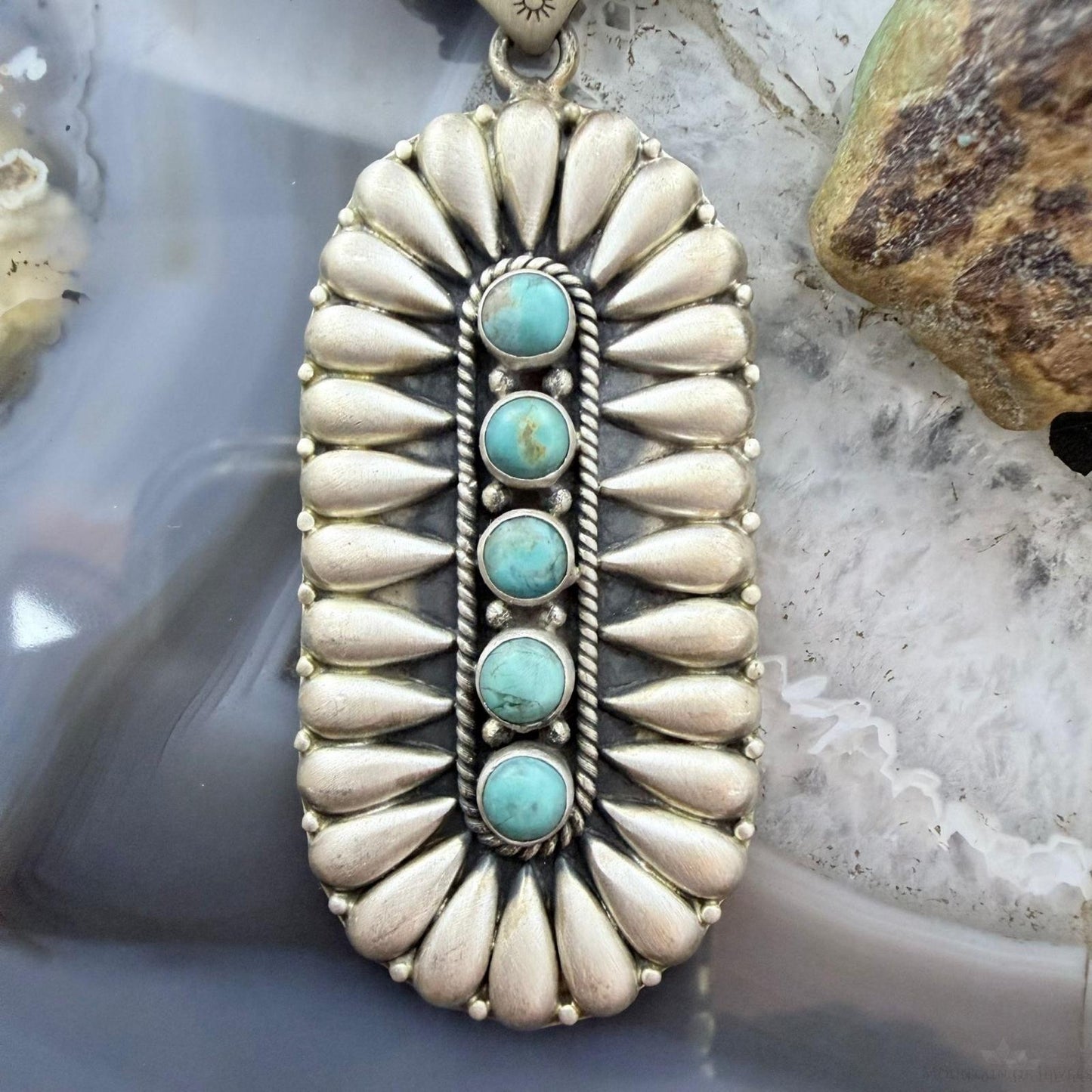 Sterling Silver Southwestern Style Turquoise &Silver Teardrop Cluster Pendant For Women