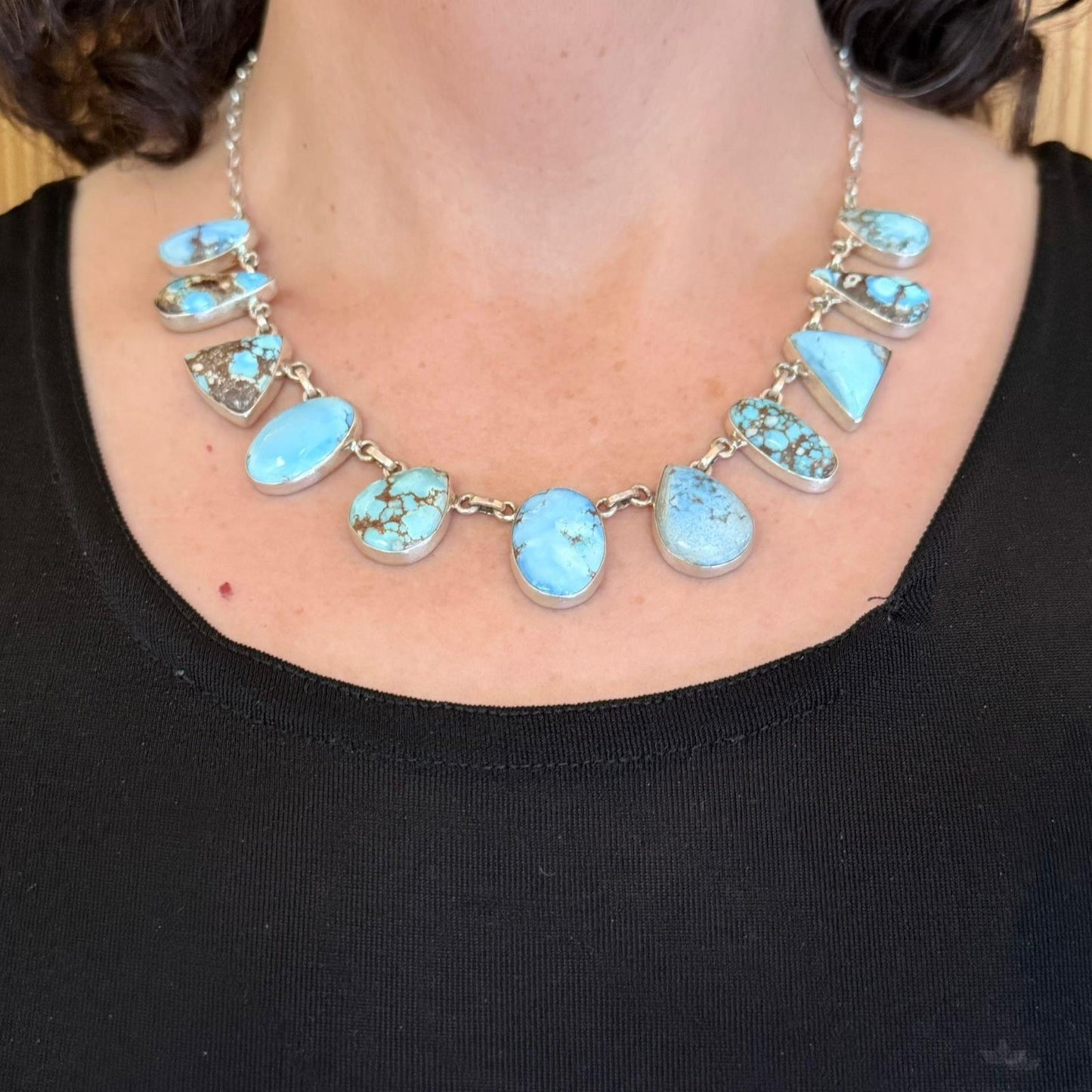 Sterling Silver Southwestern Style Multi Shape Golden Hill Turquoise Necklace For Women